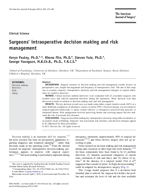 (PDF) Surgeons' intraoperative decision making and risk management