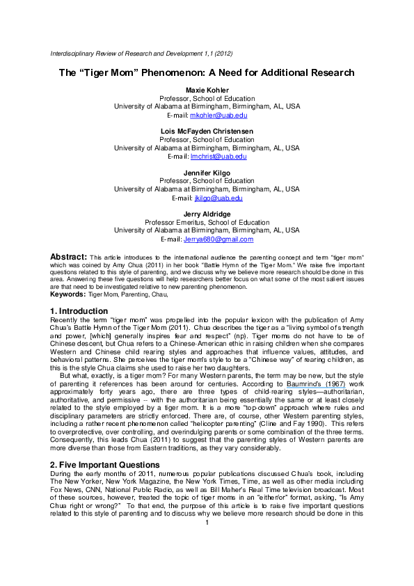 (PDF) Issues in Education Tiger Moms Five Questions That Need to be