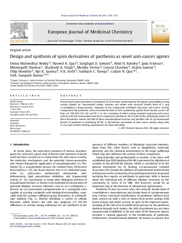 (PDF) Design and synthesis of spiro derivatives of parthenin as novel ...