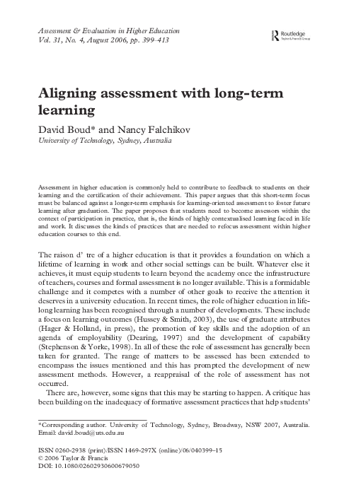 (PDF) Aligning assessment with long‐term learning