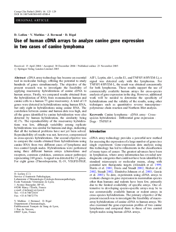 (PDF) Use of human cDNA arrays to analyze canine gene expression in two ...