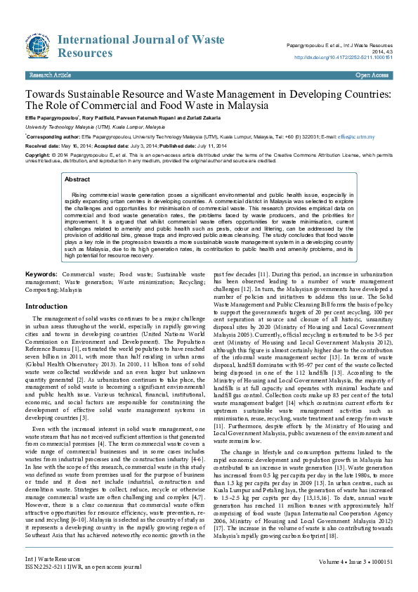(PDF) Food Waste Management in Malaysia Current situation and future