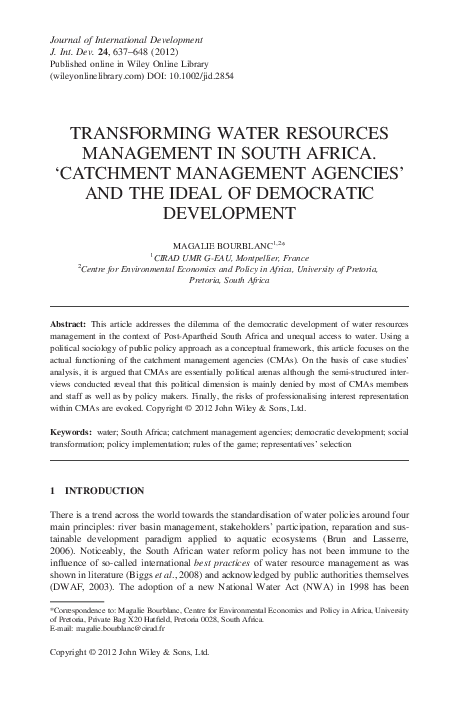 (PDF) TRANSFORMING WATER RESOURCES MANAGEMENT IN SOUTH AFRICA ...