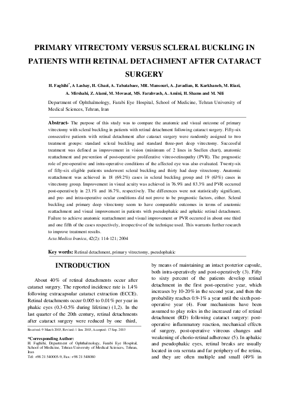 (PDF) Primary Vitrectomy Versus Scleral Buckling in Patients with Retinal Detachment After