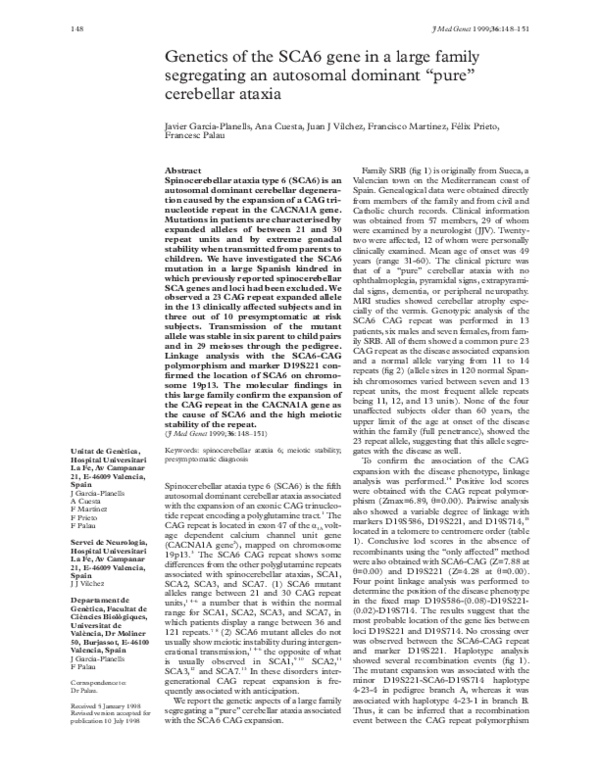 (PDF) Genetics of the SCA6 gene in a large family segregating an ...