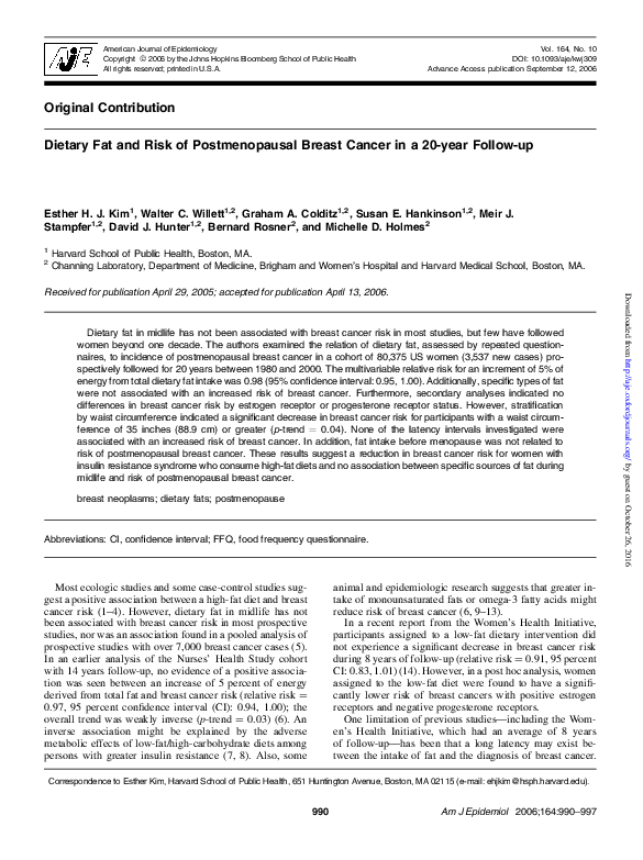Dietary Fat and Risk of Postmenopausal Breast Cancer in a 20-year Follow-up