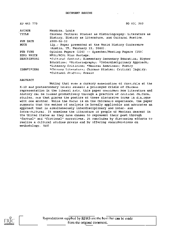 Pdf Chicano Cultural Studies As Historiography Literature As History History As Literature And Cultural Poetics Louis G Mendoza Academia Edu