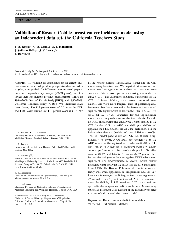 (PDF) Validation of Rosner–Colditz breast cancer incidence model using ...