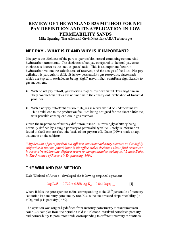  pdf review of the winland r35 method for net pay definition and its