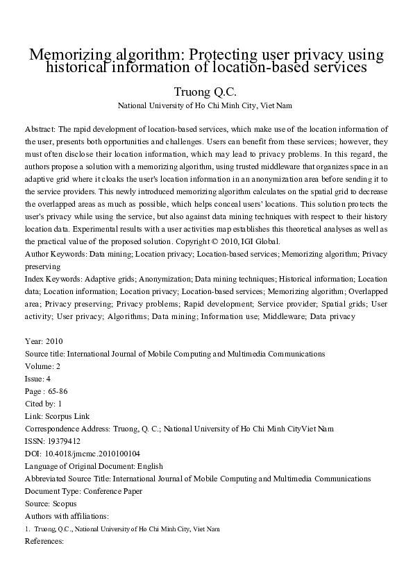 (PDF) Memorizing Algorithm: Protecting User Privacy using Historical ...