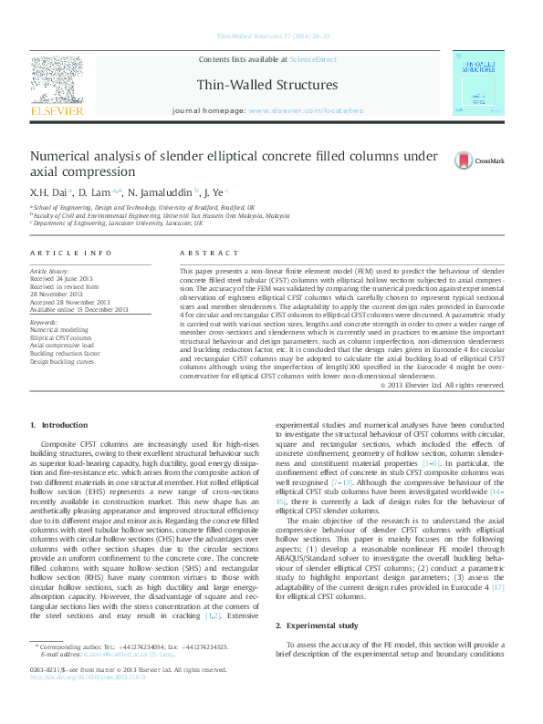 (PDF) Numerical analysis of slender elliptical concrete filled columns ...