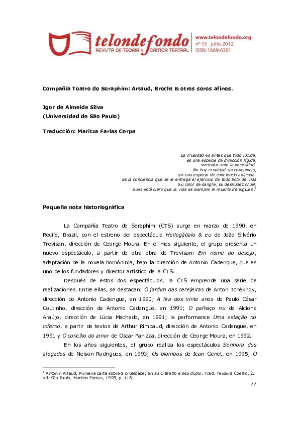 Pdf Compania Teatro De Seraphim Artaud Brecht Otros Seres