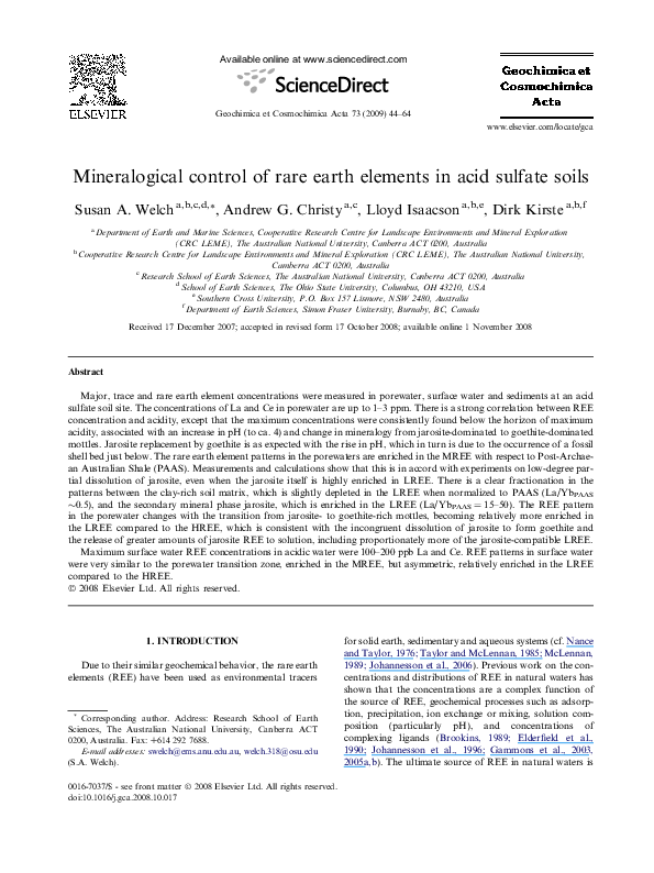 (PDF) Mineralogical control of rare earth elements in acid sulfate soils