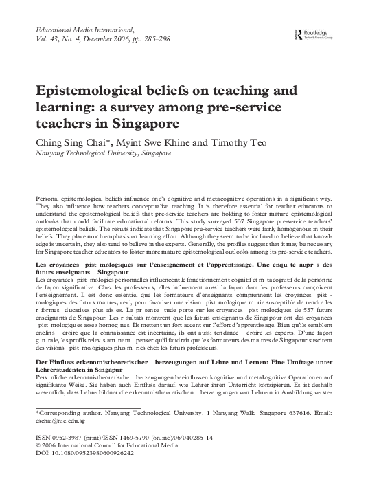 (PDF) Epistemological beliefs on teaching and learning: a survey among ...