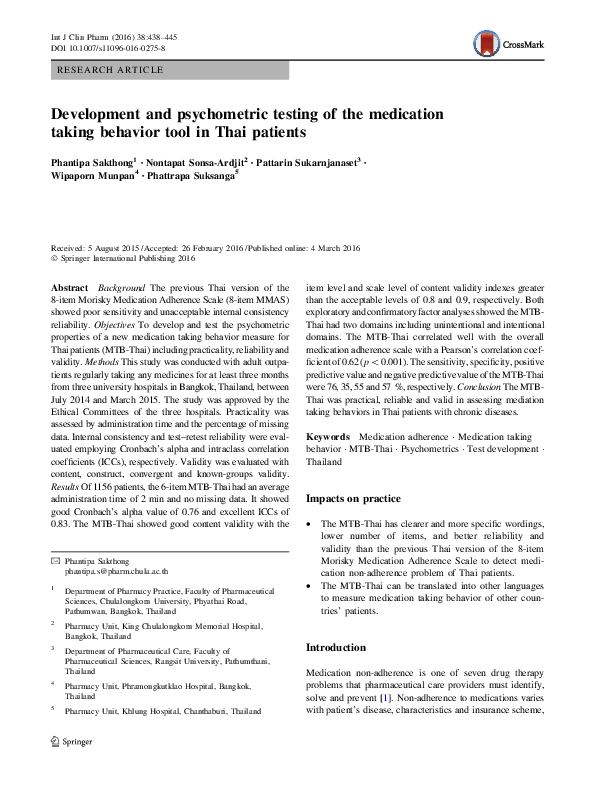 (PDF) Development and psychometric testing of the medication taking ...