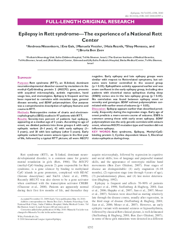 (PDF) Epilepsy in Rett syndrome-The experience of a National Rett Center