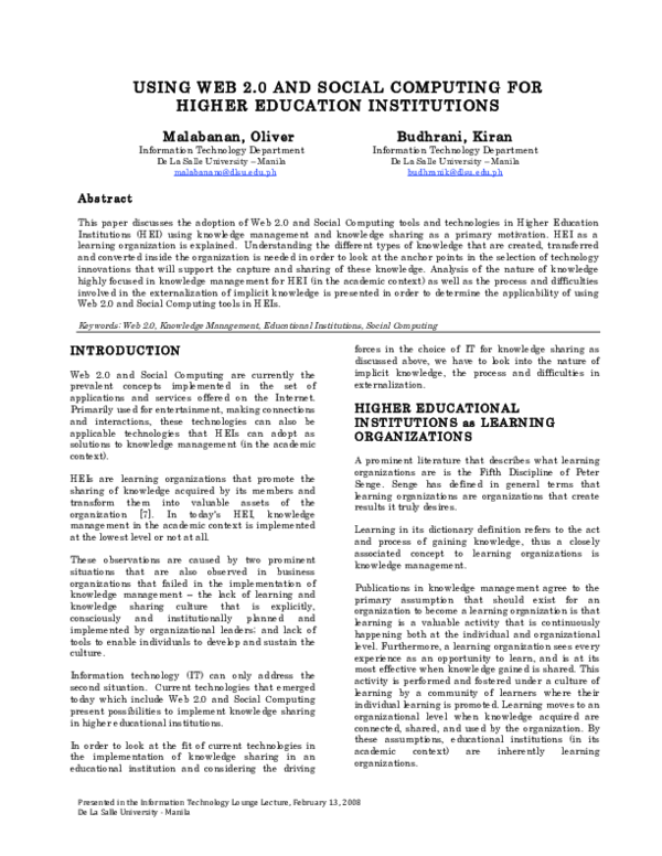 (PDF) Using Web 2.0 and Social Computing in Higher Education Institutions