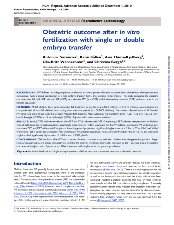 (PDF) Obstetric outcome after in vitro fertilization with single or ...