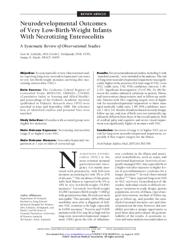 (PDF) Neurodevelopmental Outcomes of Very Low-Birth-Weight Infants With ...