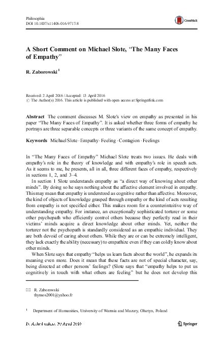 (PDF) A Short Comment on Michael Slote, “The Many Faces of Empathy”