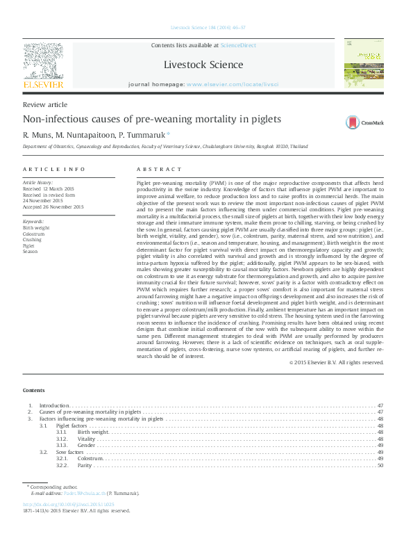 (PDF) Non-infectious causes of pre-weaning mortality in piglets