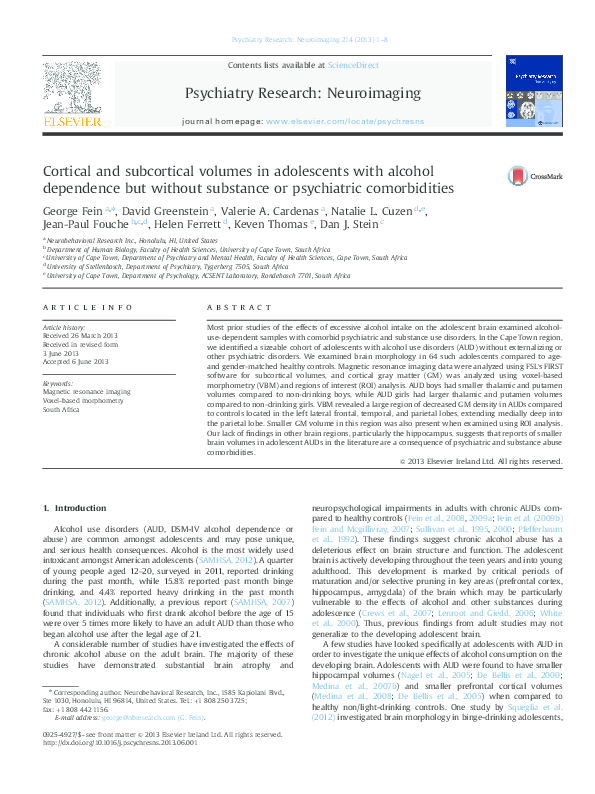 (PDF) Cortical and subcortical volumes in adolescents with alcohol ...