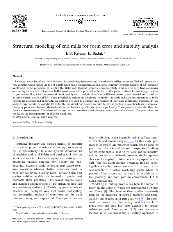 (PDF) Structural modeling of end mills for form error and stability ...