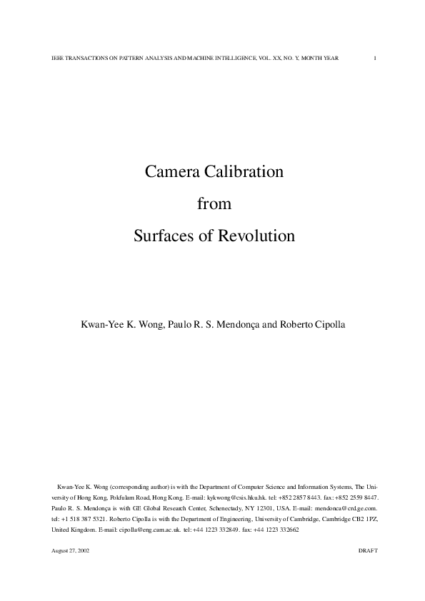 (PDF) Camera Calibration from Surfaces of Revolution Paulo Mendonca