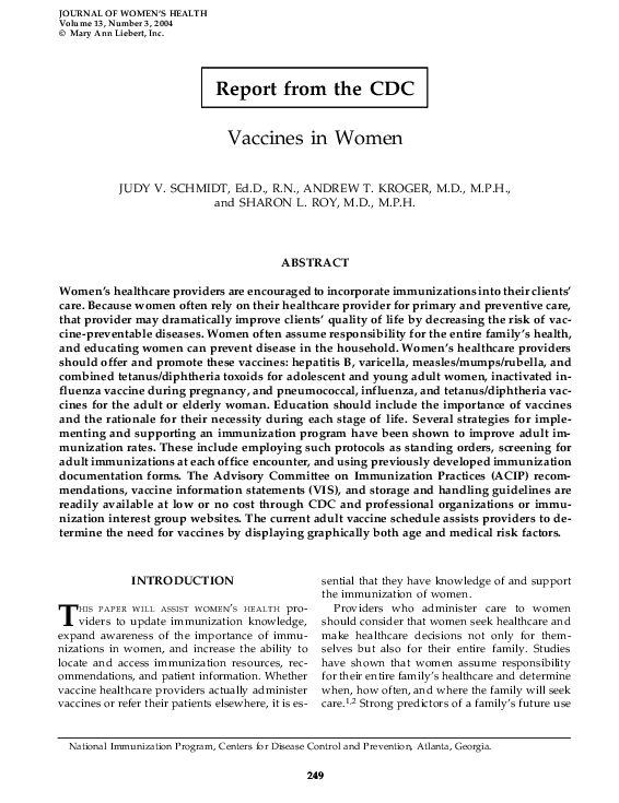 (PDF) Report from the CDC - Vaccines in Women