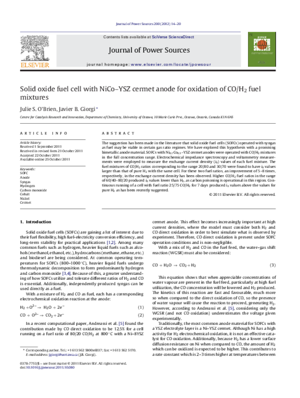 (PDF) Solid oxide fuel cell with NiCo–YSZ cermet anode for oxidation of ...