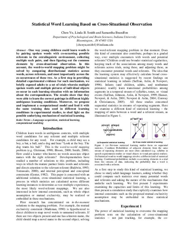 (PDF) Statistical Word Learning Based on Cross-Situational Observation