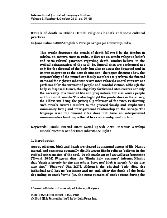 Pdf Rituals Of Death In Odisha Hindu Religious Beliefs And Socio