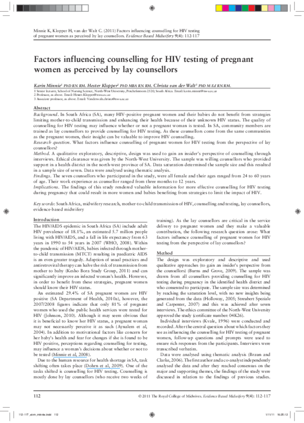 PDF) Factors influencing counselling for HIV testing of pregnant women as  perceived by lay counsellors | Hester C Klopper and Christa VanderWalt -  Academia.edu