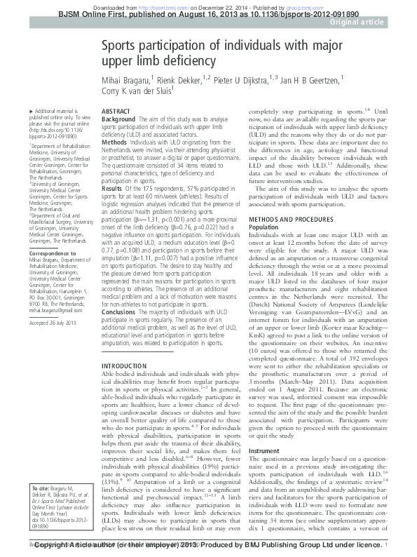 (PDF) Sports participation of individuals with major upper limb deficiency