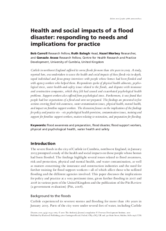 (PDF) Health and social impacts of a flood disaster: responding to ...