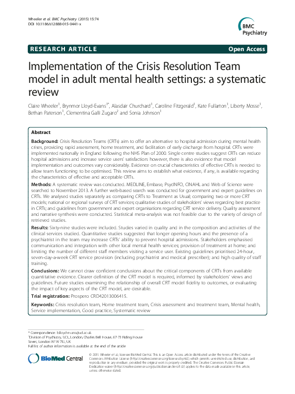 (PDF) Implementation of the Crisis Resolution Team model in adult ...