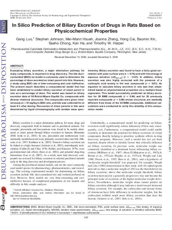 (PDF) In Silico Prediction of Biliary Excretion of Drugs in Rats Based ...