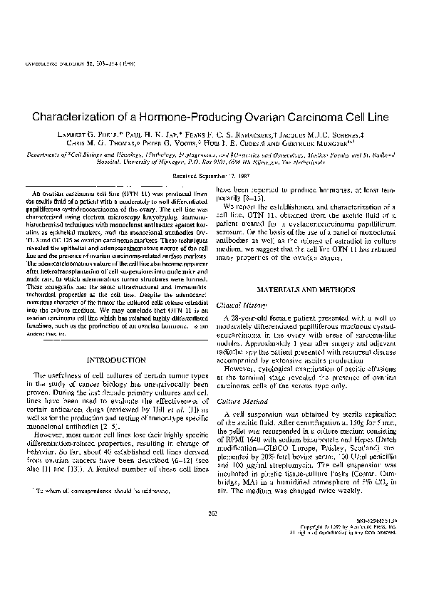 (PDF) Characterization of a hormone-producing ovarian carcinoma cell line