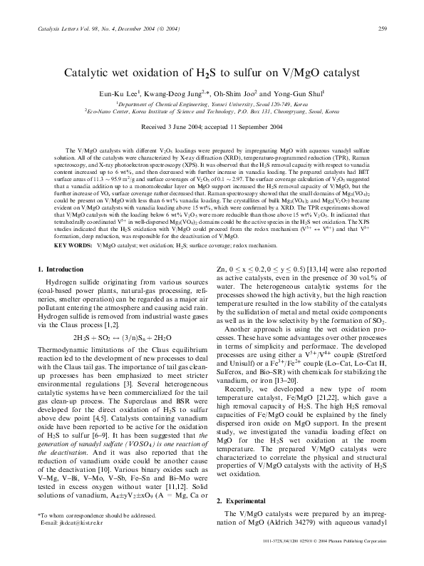 (PDF) Catalytic Wet Oxidation of H2S to Sulfur on V/MgO Catalyst