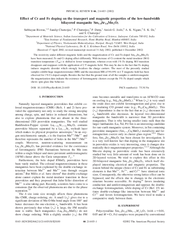 (PDF) Effect of Cr and Fe doping on the transport and magnetic ...