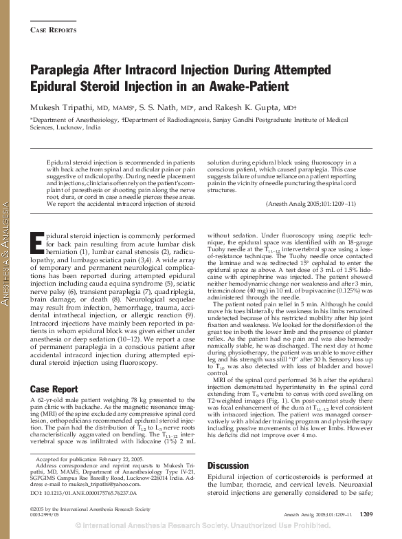 (PDF) Paraplegia After Intracord Injection During Attempted Epidural