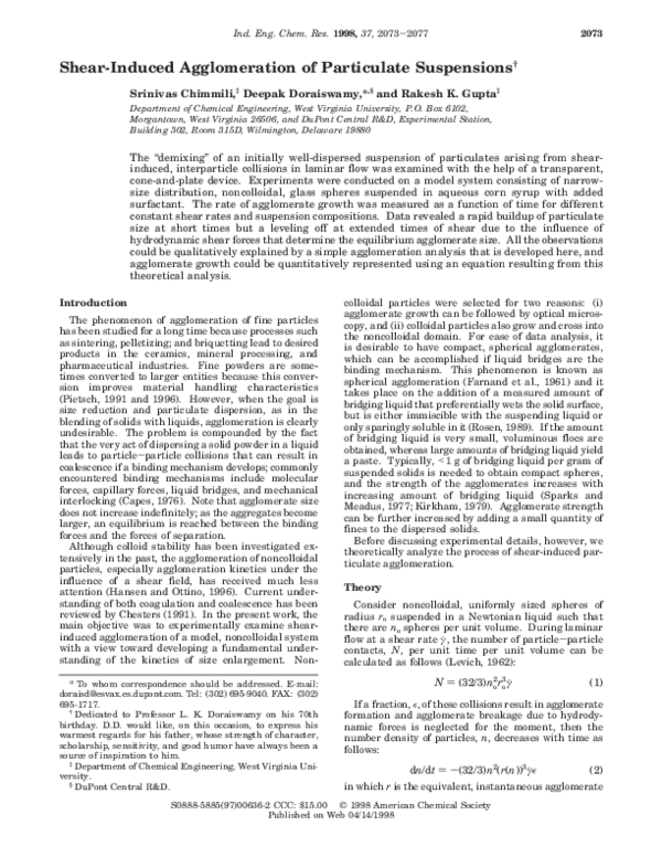 Shear-Induced Agglomeration of Particulate Suspensions †