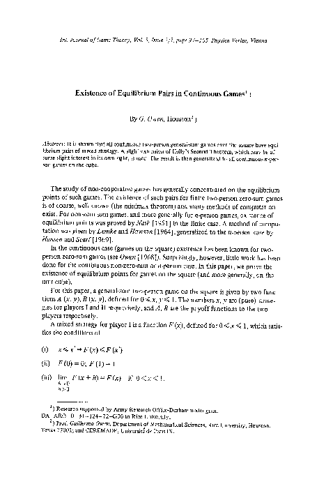 (PDF) Existence of equilibrium pairs in continuous games