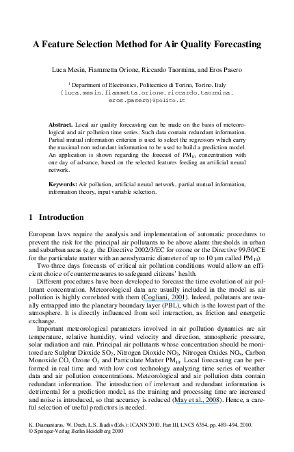 (PDF) A Feature Selection Method for Air Quality Forecasting