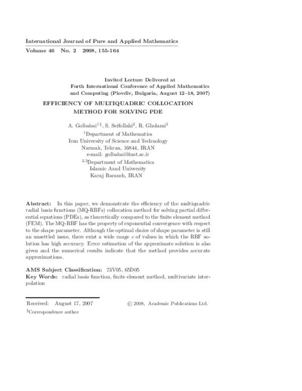 (PDF) Efficiency of Multiquadric Collocation Method for Solving Pde