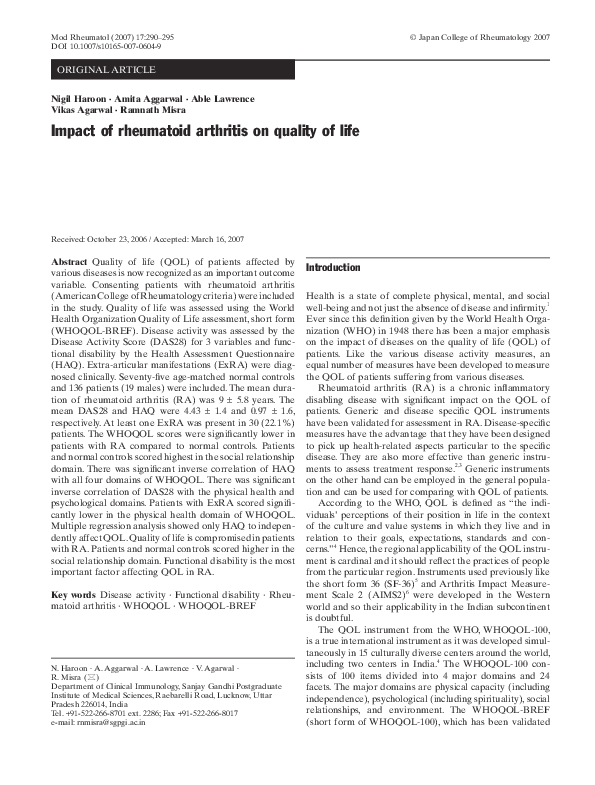 (PDF) Impact of rheumatoid arthritis on quality of life