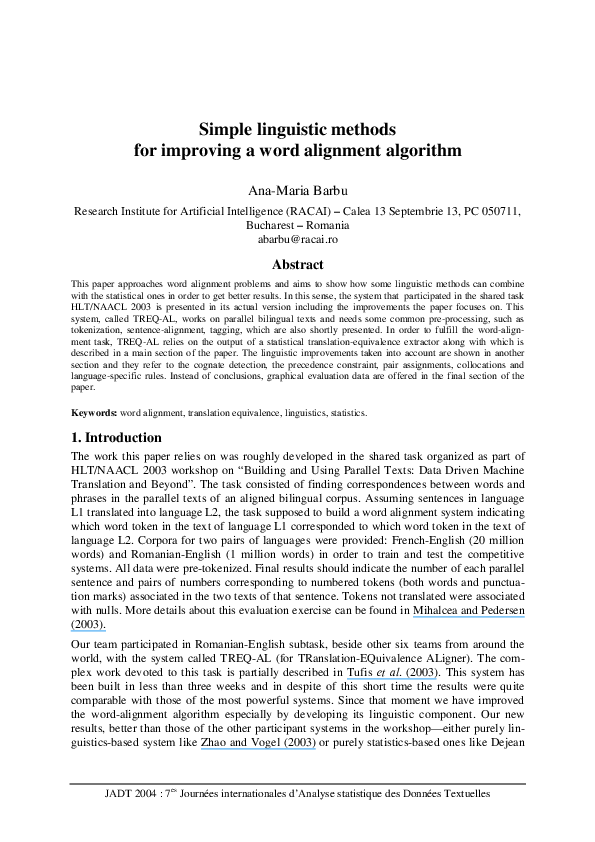 (PDF) Simple linguistic methods for improving a word alignment algorithm