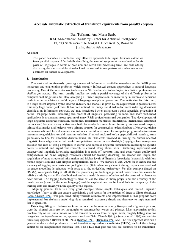 (PDF) Accurate automatic extraction of translation equivalents from ...