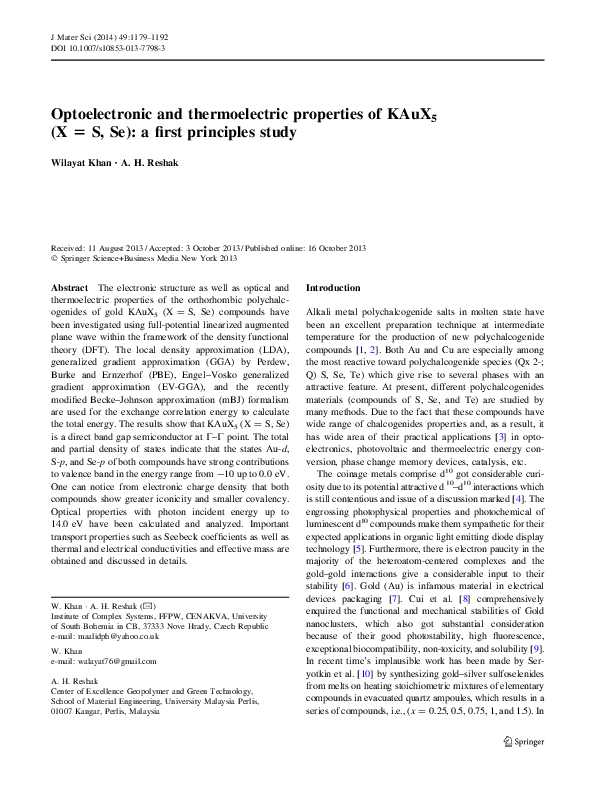 (PDF) Optoelectronic and thermoelectric properties of KAuX5 (X = S, Se