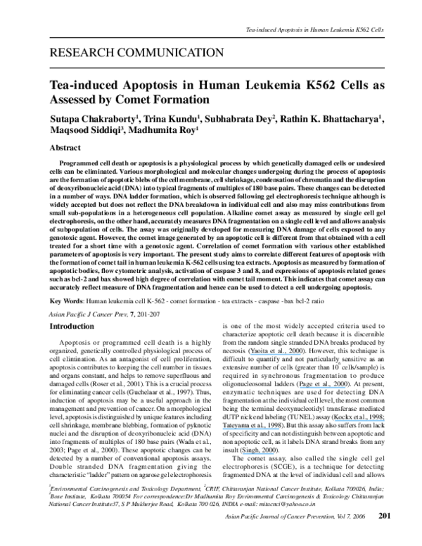 (PDF) Tea-induced apoptosis in human leukemia K562 cells as assessed by ...